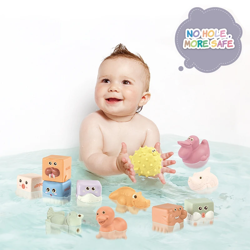 Early Education Silicone Teeth Animal Bath Toy Soft Glue Building Block for Infant Teething Sorting Nesting & Stacking Toys