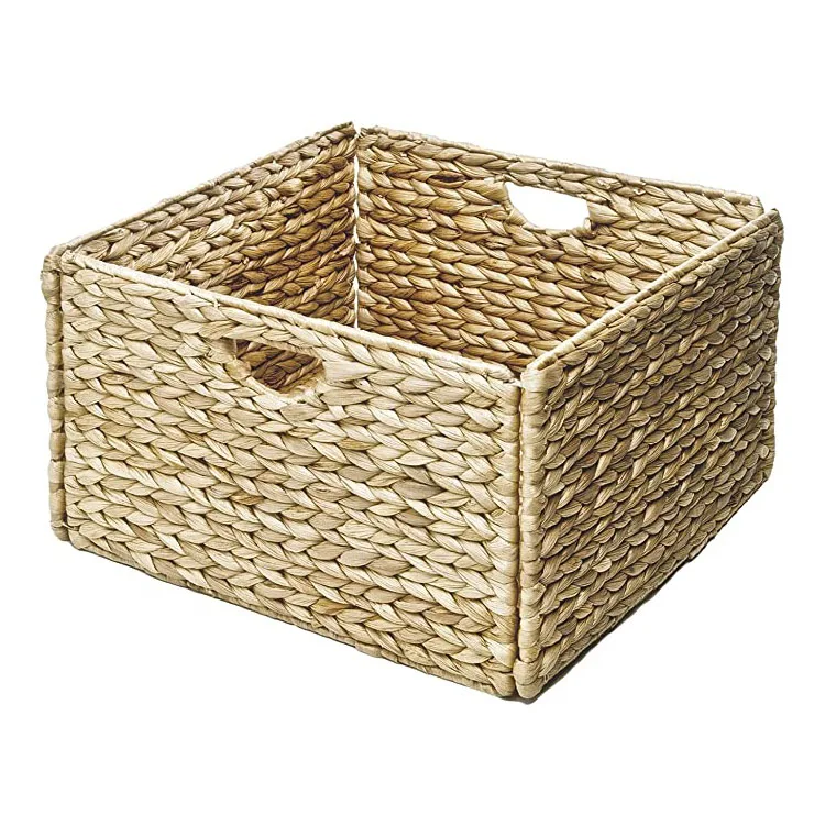 Handmade Foldable Woven Water Hyacinth Storage Basket Decorative Seagrass Wicker Shelf Basket With Handles