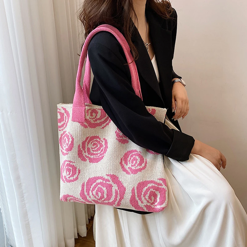 Factory Wholesale Rose Pattern Crochet Handbag Women Large Capacity Shoulder Bag Knitted Tote Bag