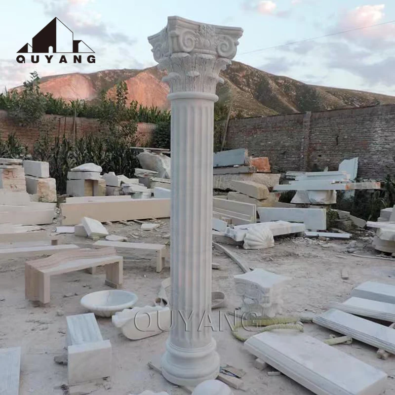 QUYANG Outdoor Park Decorative Hand Carved Natural Stone Naked Lady Statue Beige Marble Granite Gate Pillar