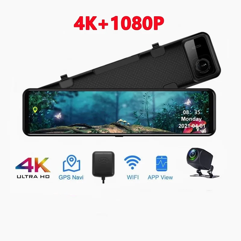 12 Inch 4K+1080P dual lens dash camera Dash Cam front and rear 4k with WIFI GPS Sony IMX415 Rear View Mirror Park Monitor