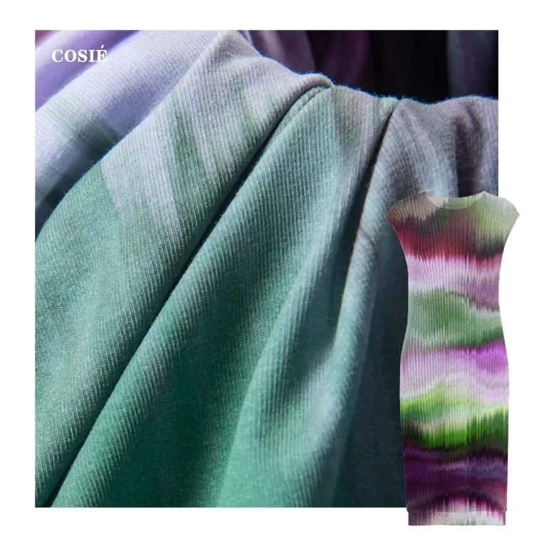 Custom 240gsm Cotton Spandex 1*1 Stretch Rib Knit Fabric Digital Printing Knitted Purple Tie Dye Pattern for Women Dress