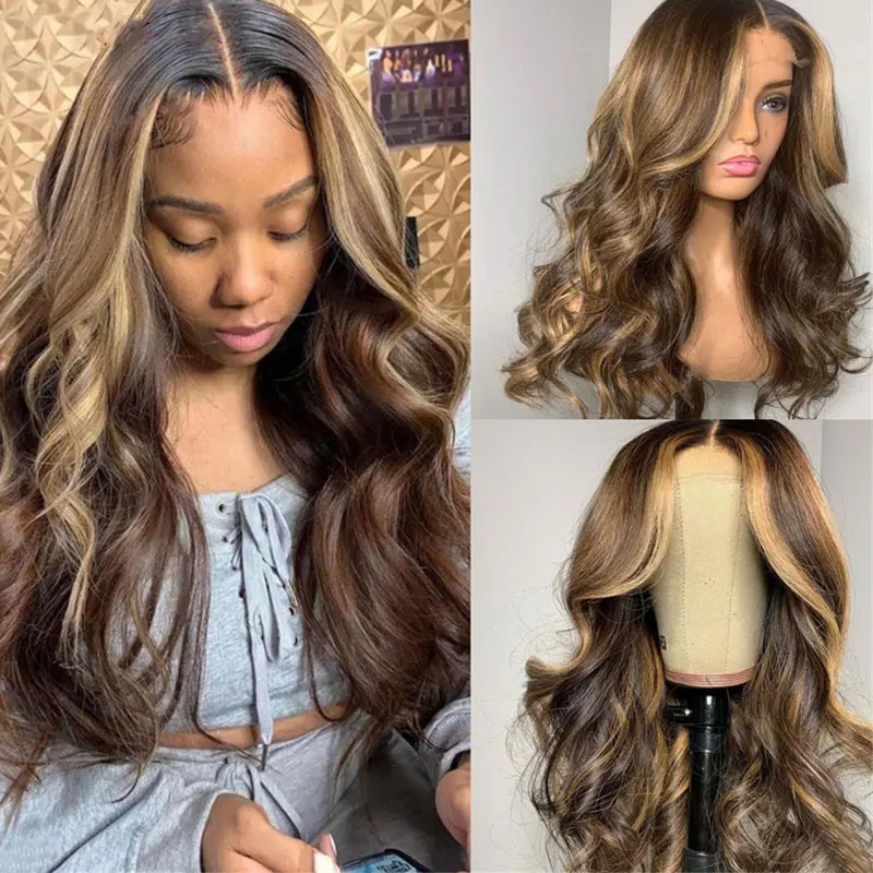 Body Wave Blonde Highlight Lace Wig Highlighted Human Hair Lace Wigs Bodywave Brown Highlights Middle Lace Closure Frontal Wig