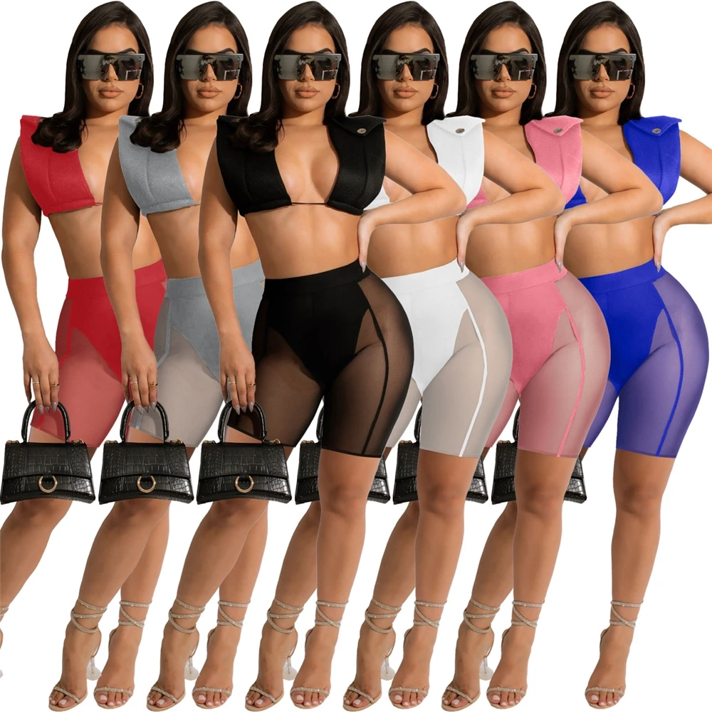 Women Summer Fashion 2022 Beach Wear Mesh Two Piece Short Set Crop Vest Top See Through Biker Shorts 2 Piece Pants Women Set
