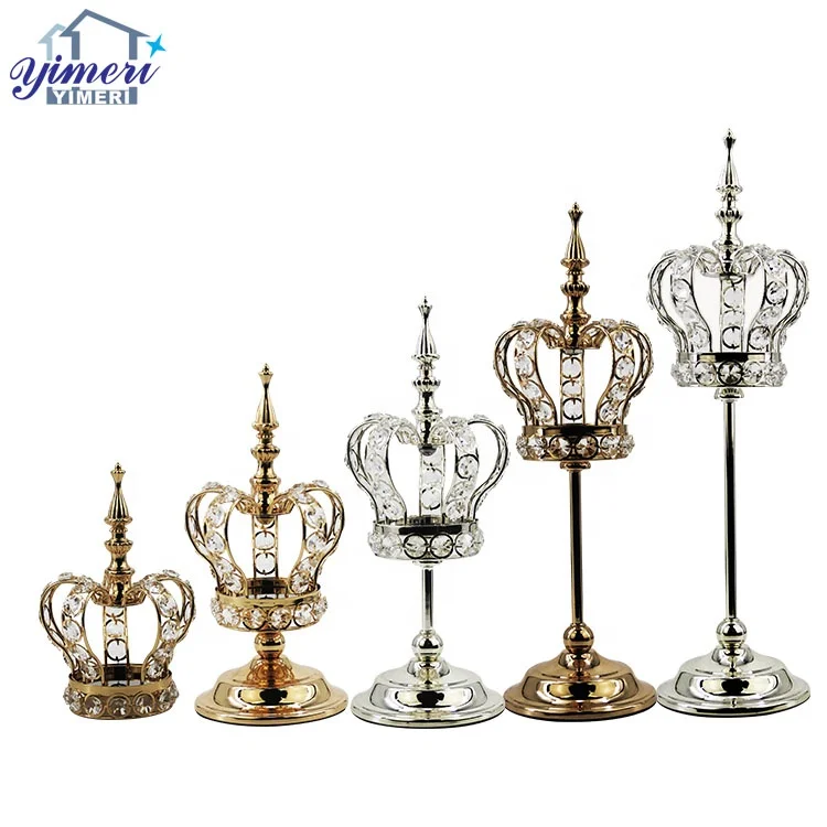 Custom 5 Size Unique Gold Metal Crown Crystal Candle Holder For Wedding Favors