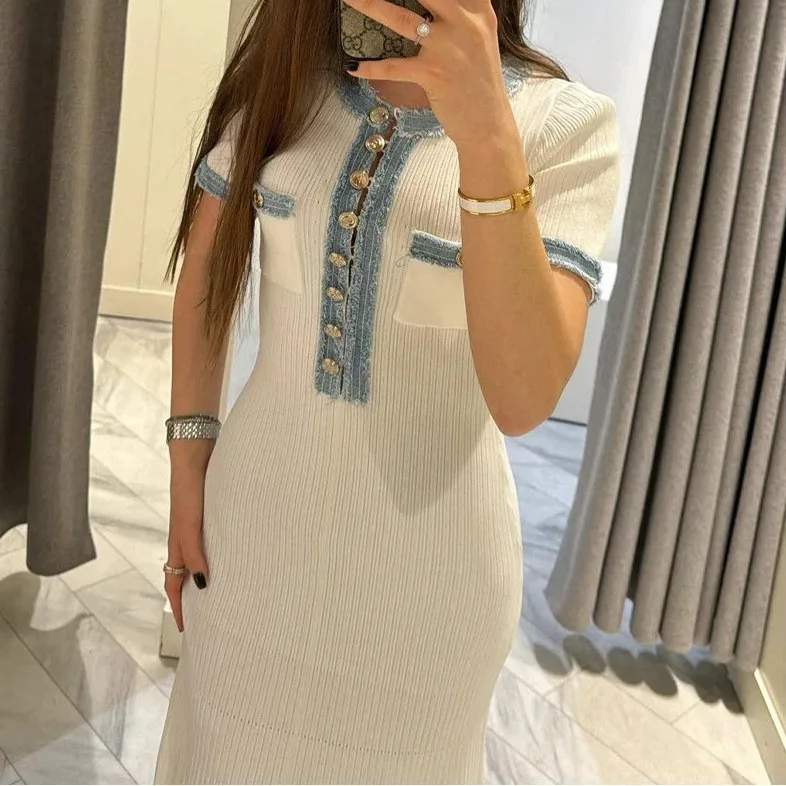 2024 New Popular Women Fashion Clothes Wholesale Denim Patchwork Knitted Long Skirt Tight Fitting Short Sleeved Midi Dress Lady