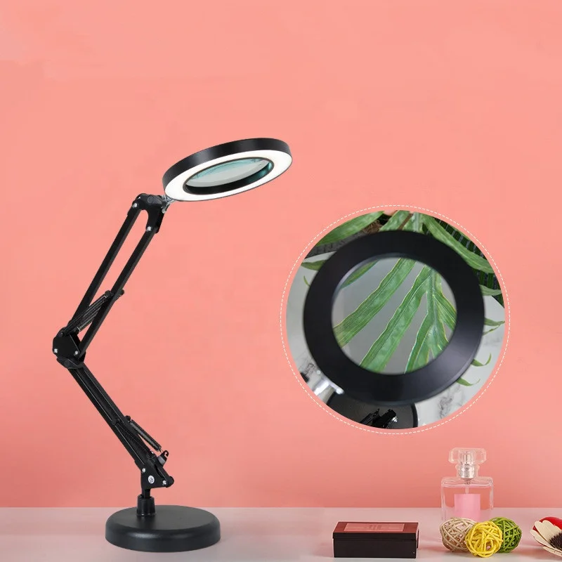 Magnifier Desk Lamp Dimmable LED Magnifying Lamp with Clamp and Stand Glass Lens Adjustable Swivel Arm Light