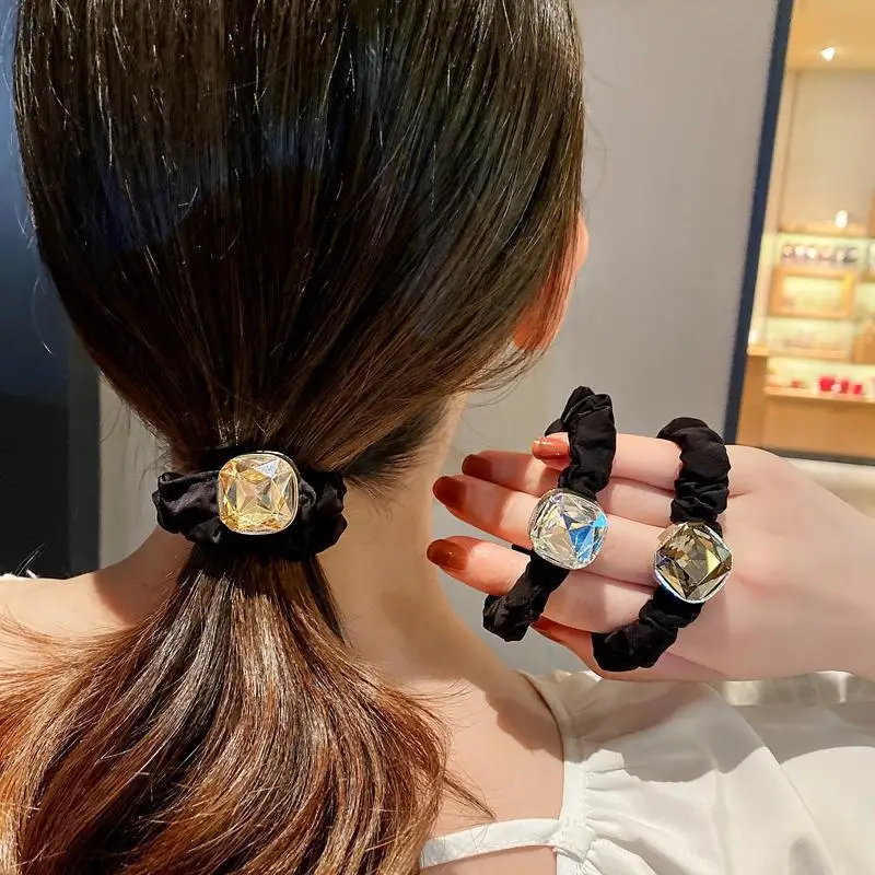 New Luxury Square Rhinestone Alloy Hair Ties with High Grade Elegant Hair Rope Accessories