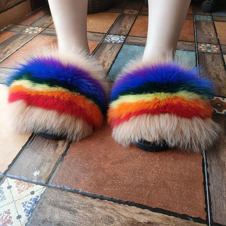 Factory wholesale Fashion Fox Fur Slides Slippers Custom Real Mink Fur Raccoon Fur Sandals woman shoes