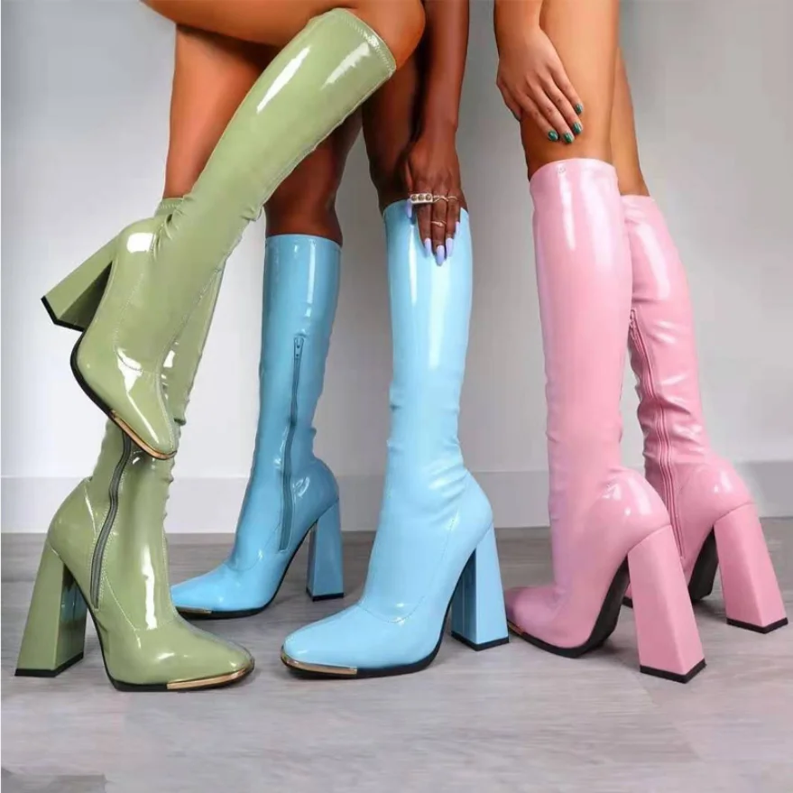 PU long boots women japanned leather shoes heel high zipper boots candy color winter cute fashion new arrivals boots