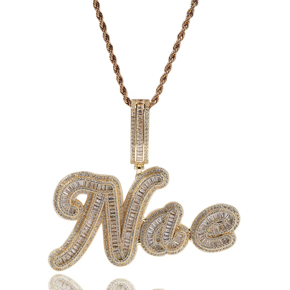 Junlu Jewelry Hip Hop Large T Square Inlay Full Zircon Charms DIY Letter Custom Name Pendant Necklace Men Women Fashion Jewelry