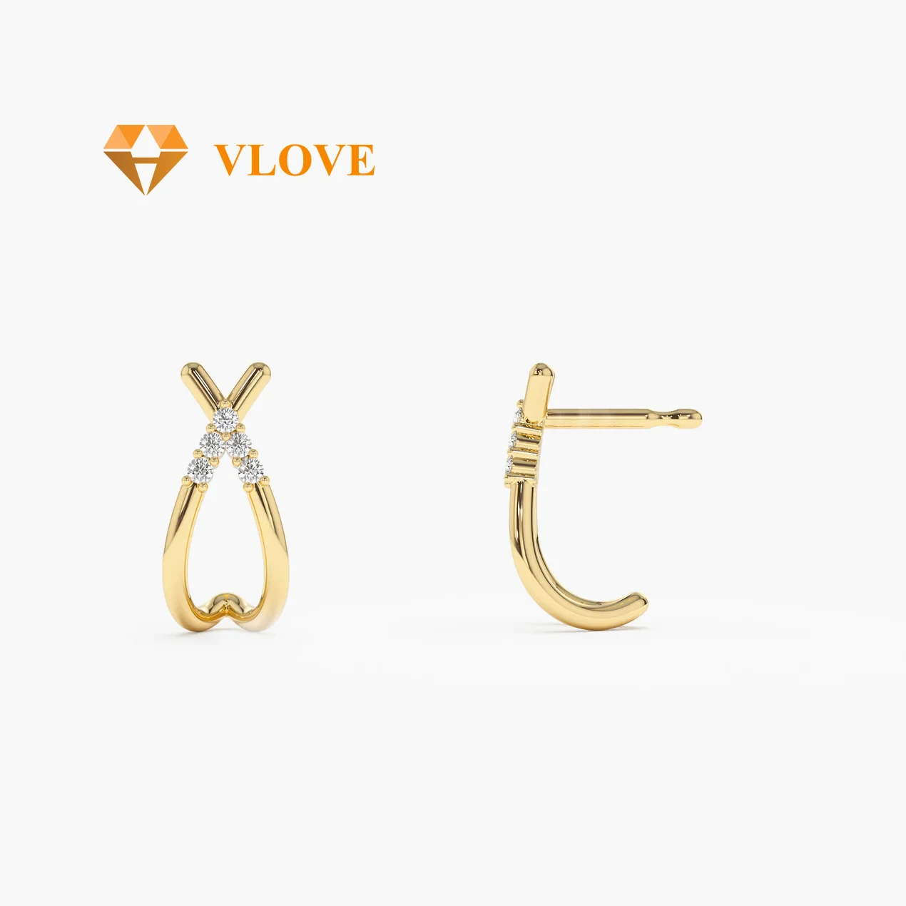 VLOVE Charm Jewelry Diamond Earrings 14k CrissCross Half Hoop Diamond Stud