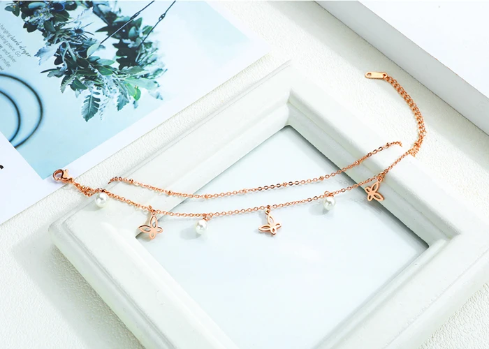 Stainless Steel Rose Gold Plated Charm Pearl And Butterfly Anklet for Women