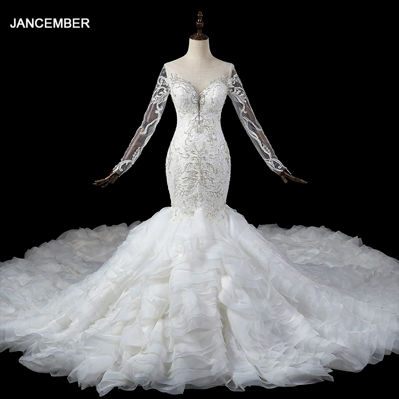 Custom-Made Luxury 3D Lace Embroidery Deep V Long Sleeve Backless Mermaid Sheath Bridal Wedding Dress With Ruffles Skirt Lsdz105