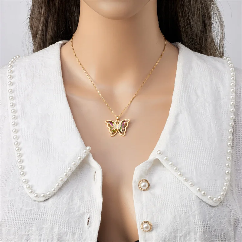 Fashion Brass Gold Plated Colorful Crystal Butterfly Shape Charm Pendant Necklace Jewelry For Women Girls