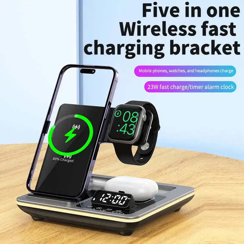 Folding 5 in 1 Wireless Charger,15W Fast Wireless Charging Station with Alarm Clock,Sleep-Friendly Adaptive Light