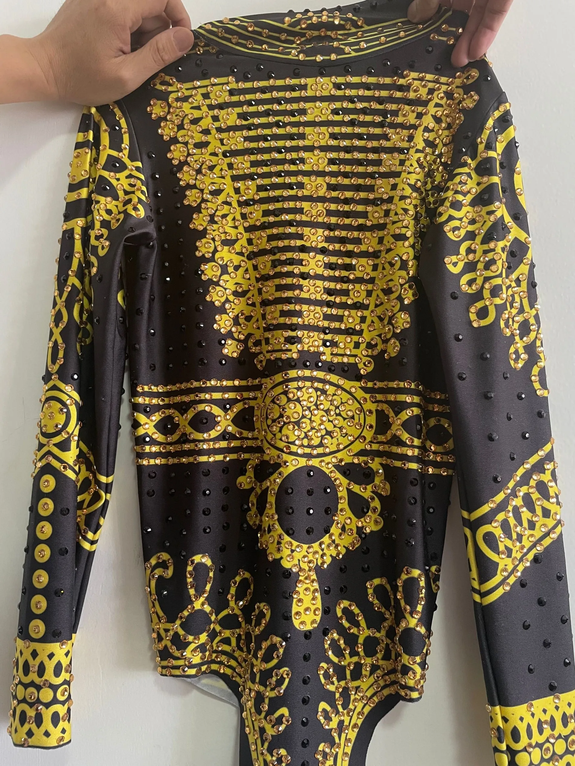 Sexy Glisten Black Gold Crystals Bodysuit Women Long Sleeves Outfit Dance Stage Show Nightclub Costume Singer nice Leotard Wear