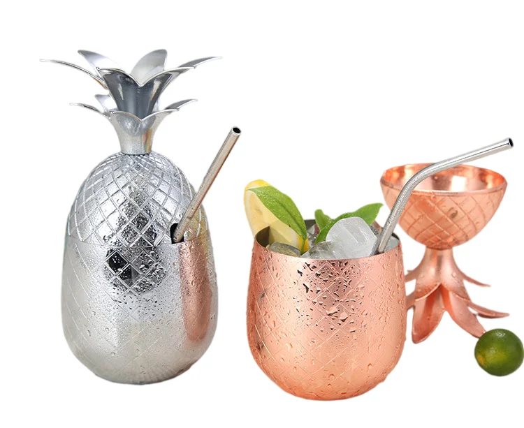 Pineapple Drinking Cup Tumbler with Straw Hot Sale Copper Beer Mugs Stainless Steel Pineapple Cocktail Cup Creative Metal