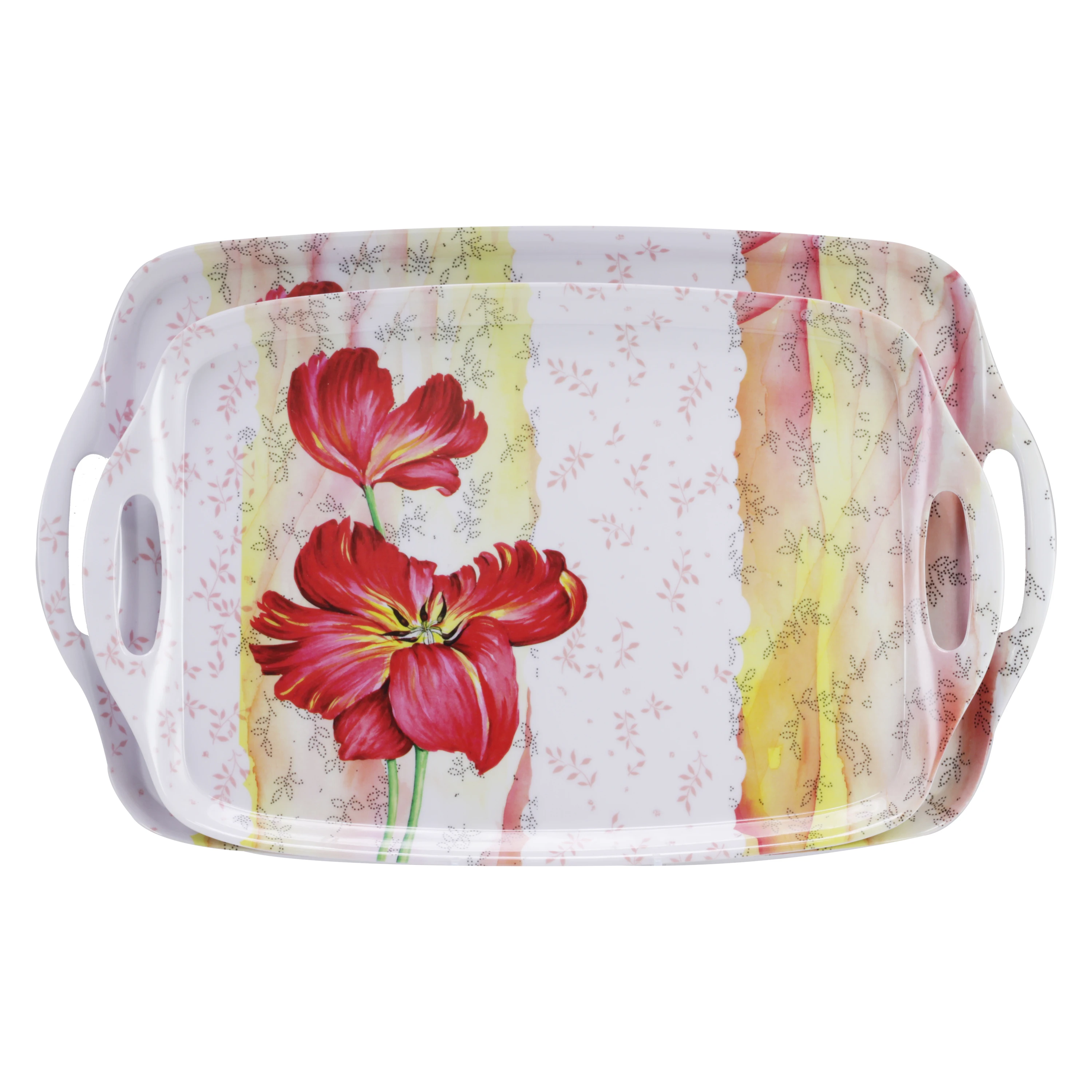 Melamine 19 Inch Serving tray with handle Plastic Handle Tray With Printed Flower Theme