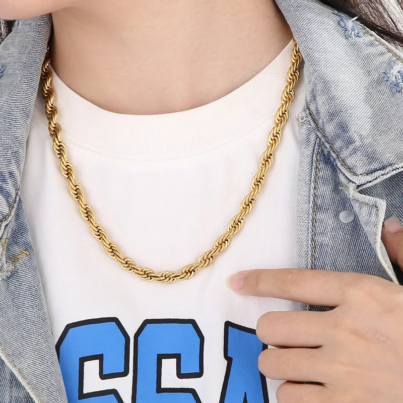 Hip hop metal 18k gold custom men chain bracelet women high quality jewelry stainless steel twisted rope chains necklaces party