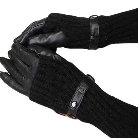 Однотонные кожаные черные перчатки 2023 двухслойные длинные из съемной пряжи Женские ветрозащитные