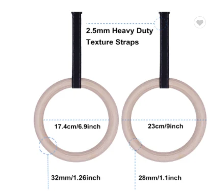 Logo Printed Wooden 28mm 32mm Pull Up Muscle GYM Ring nylon straps Gymnastics Athletic Dip Rings