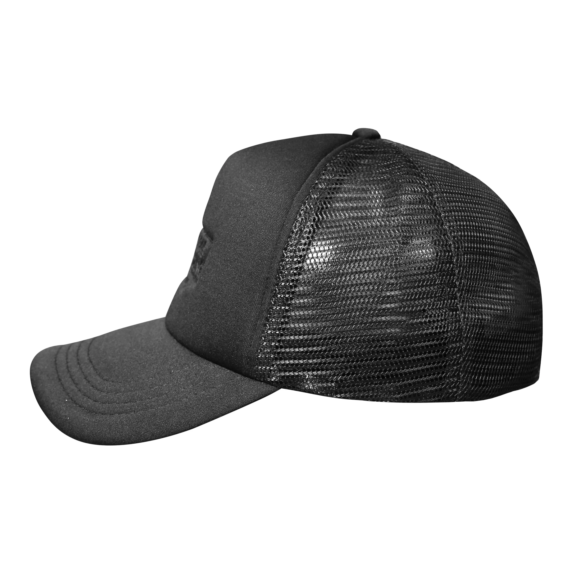 Promotional 100% polyester 5 panels Short Bill Black Foam Plain Trucker Cap Mesh Hat For Summer