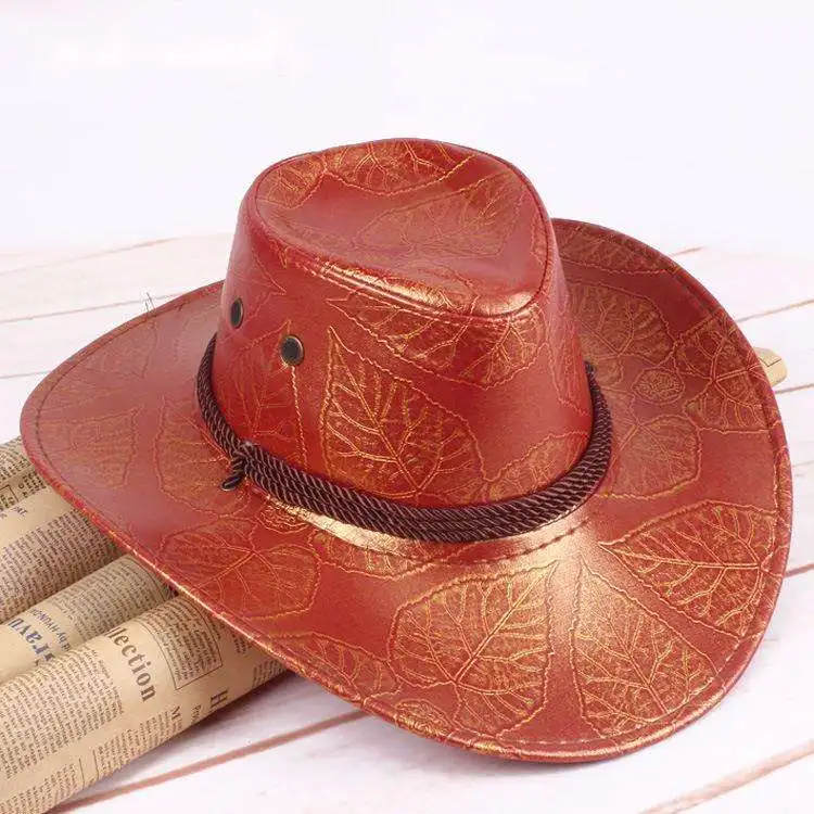 Hot Sale Bulk Cowboy Hats Men Adult Leather Print Ranger Panama Black Cowboy Hat Men