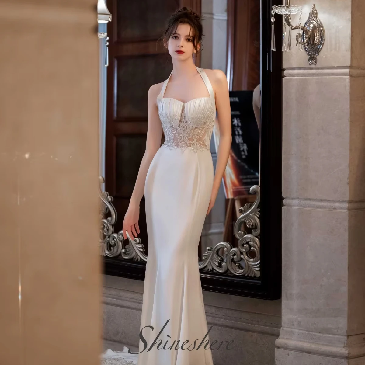 Wedding Dress Halter Strap Mermaid Backless Satin Illusion Plus Size Customize Vestido novia Robe de Sirene Greek Elegant Beads