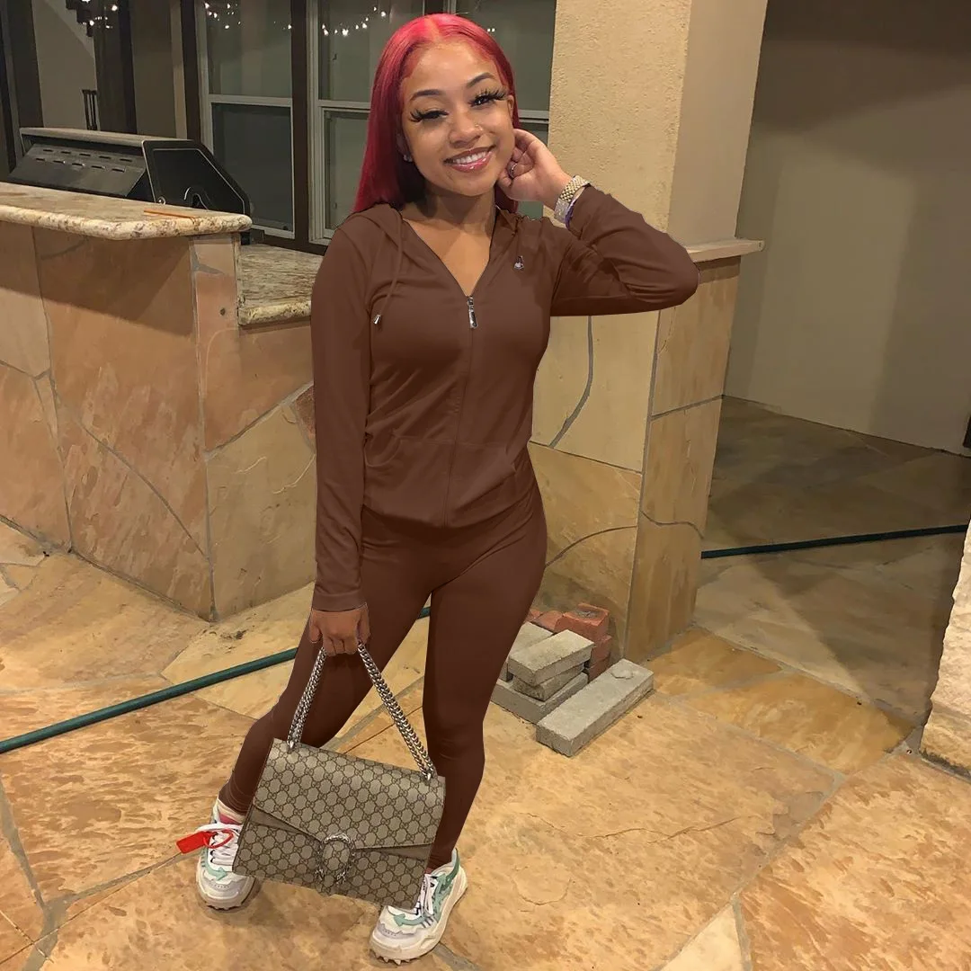 Однотонный спортивный костюм для бега из полиэстера с капюшоном, женский спортивный костюм на молнии