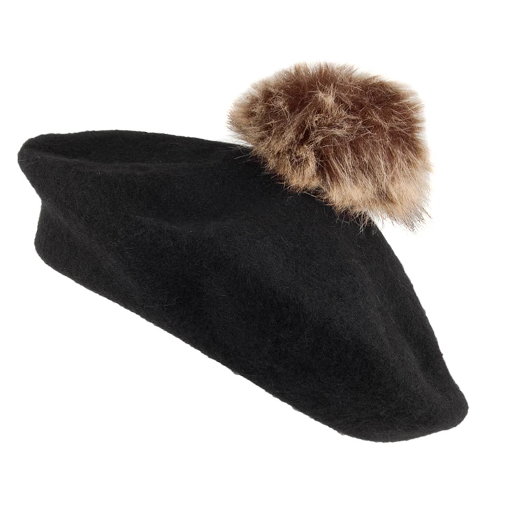 Wool Blend French Beret Girls Ball Hats Cap Custom Knit Beanie Winter Warm Beret Hat with Fur Pom Pom