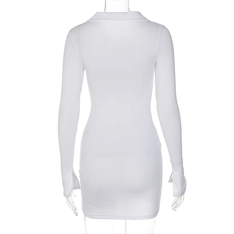 2022 Deep V Neck Bodycon Long Sleeve Turn Down Neck Solid Skinny Mini Dress Sexy Streetwear Fashion Clothes