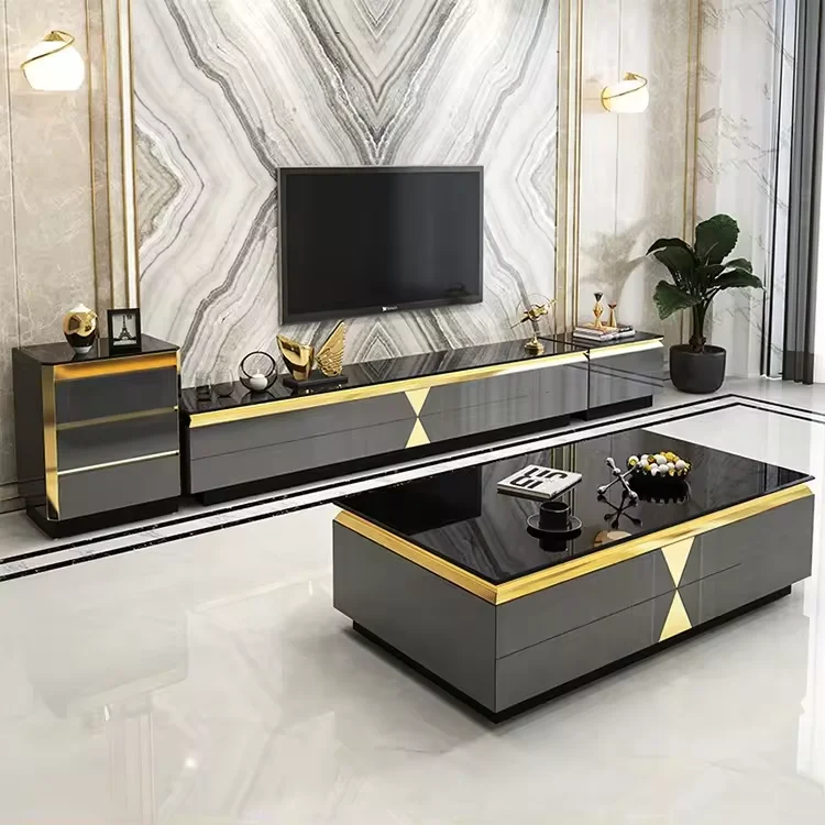 Living room furniture tv cabinets modern luxury tv stand and coffee table set with drawer