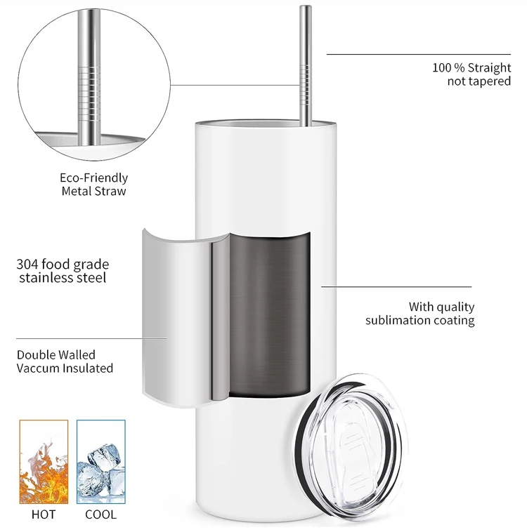 20 Oz Flat Bottom Straight Skinny Vacuum Insulated Double Wall Stainless Steel Sublimation Tumbler