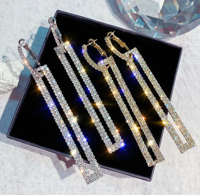 
New Trendy Long Geometric Drop Earrings Gold Silver Color Rectangle Rhinestone Luxury Hoop Earring for Women Jewelry 