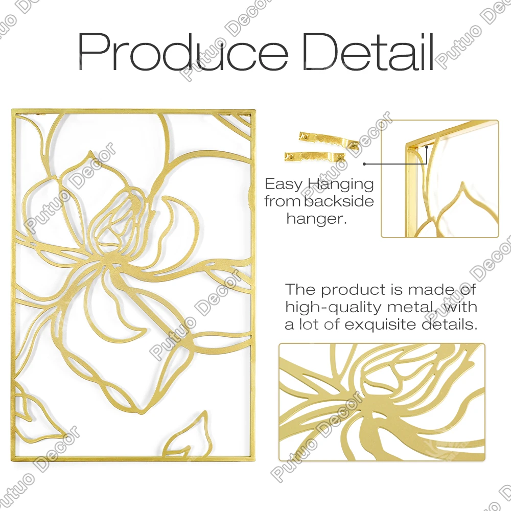 Putuo Decor Gold Flower Metal Wall Art Modern Minimalist Line Design Abstract Hanging Real Metal Wall Sculpture Accent