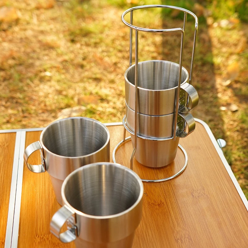 Wholesale Outdoor Picnic Double Layer Stainless Cup Camping Heat Insulation Coffee Insulation Anti-scald Portable Mug Cup Set