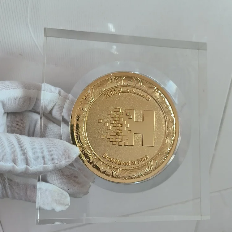 Company logo Acrylic Holder Middle East Arabic  Custom Metal Coin Award Trophy