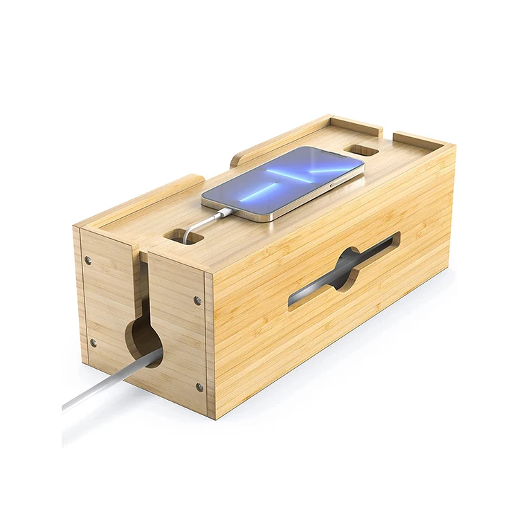 Home office desktop bamboo data power cord socket wire cable organizer storage box, desk bamboo cable management box