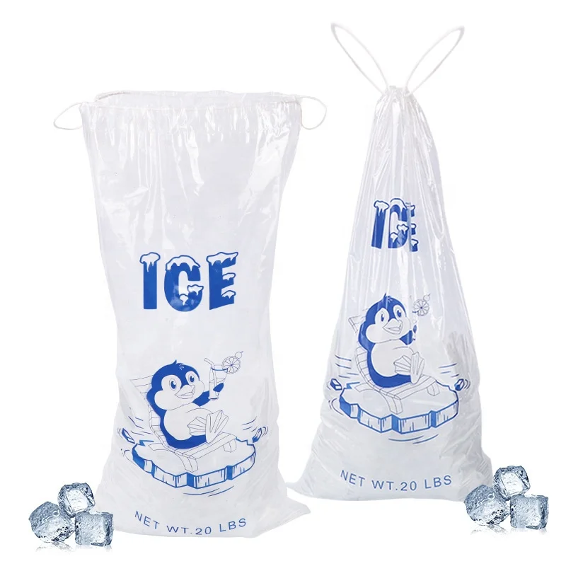 Wholesale Custom Printed Disposable Clear 8 10 20 Lb Ice Cube Plastic Bags For Packing Ice Cubes drawstring ice bag