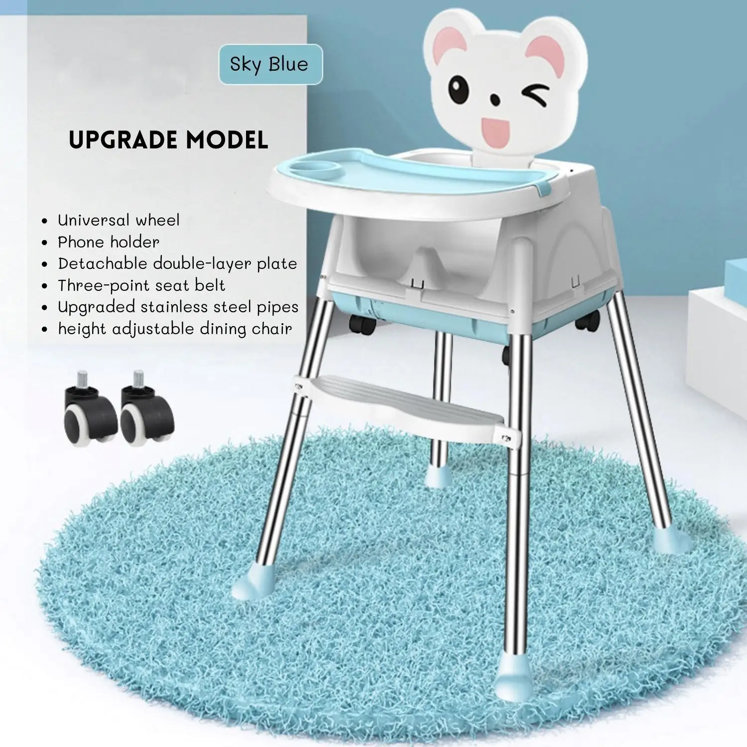 Baby  Dining Chair Soft Seat High Feeding Chair Upgrade With Wheel Portable Dining Table With Cushion Adjustable Child Feeding C