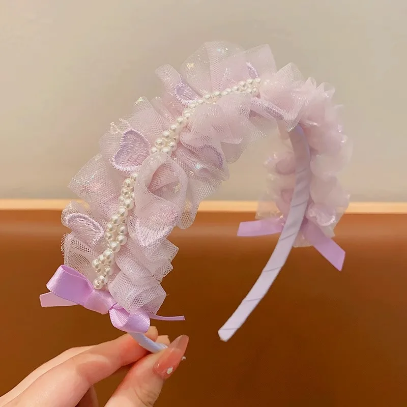 Princess Temperament Crown Tiara Little girl Gauze bow Pearl headband Pleated lace embroidery headband Headband