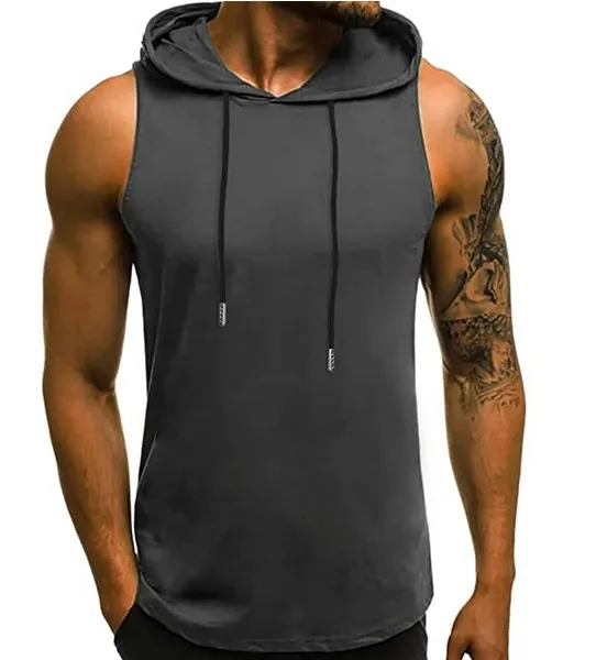 summer mens tank top gym wear with hoodie  printed logo  no sleeve casual plain hoodies tank top