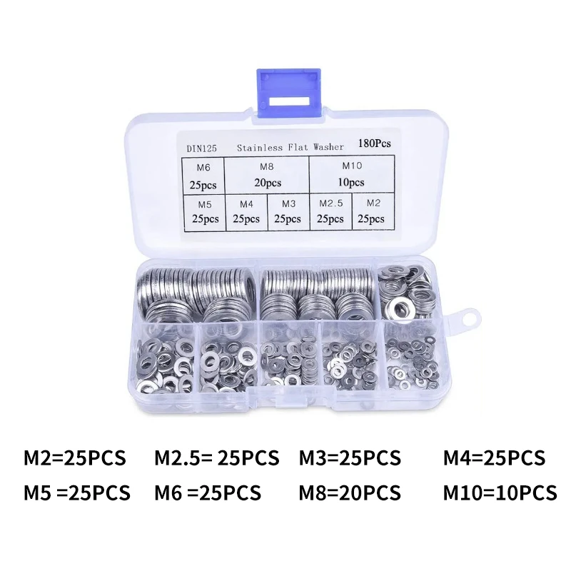 In box 180pcs 8 sizes fastener kit stainless steel assorted washers kit flat washer assortment sets