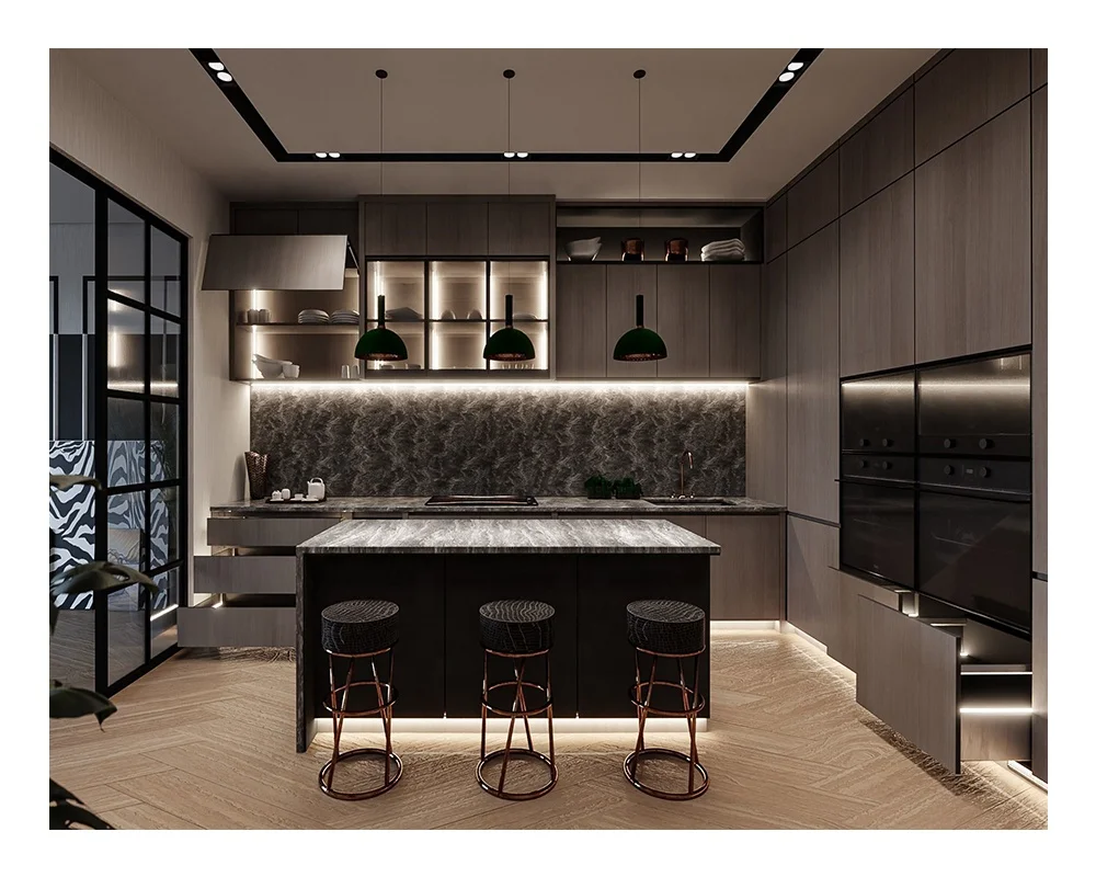 New Modern Wooden Veneer Matt Lacquer Finished Black Kitchen Cabinet Design