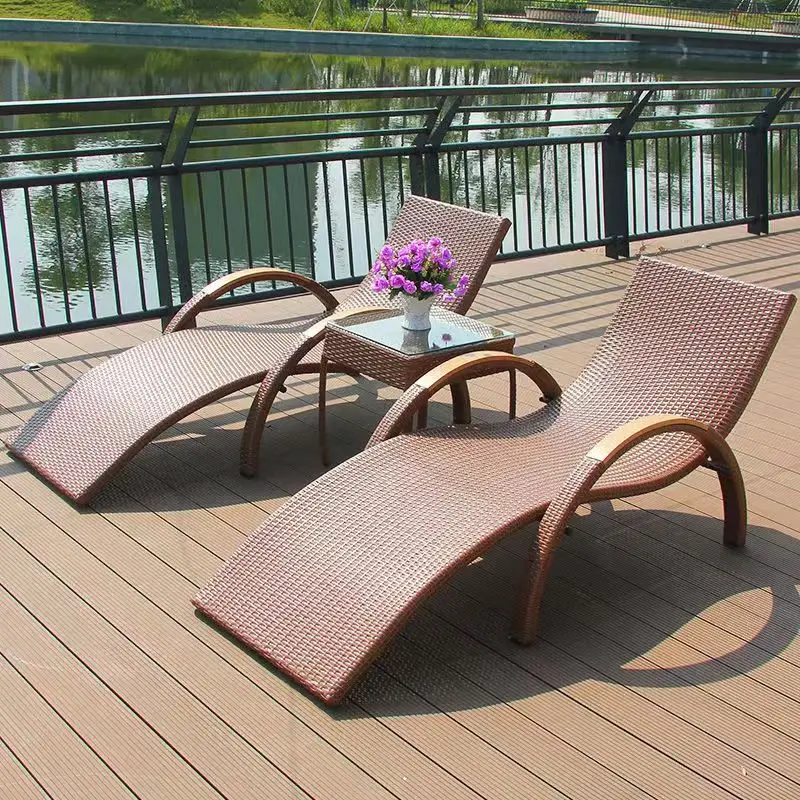 Modern Outdoor Rattan Recliner Bed for Balcony Patio Sun Bed Lounge Beach Chair Swimming Pool Wholesale for Hotels Villas