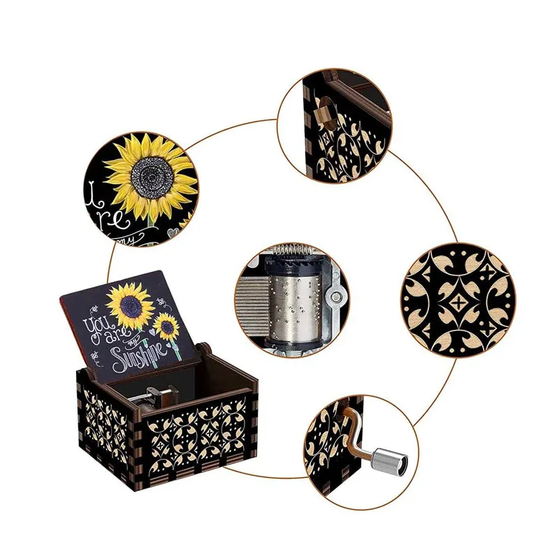 Black Music Box Gift Wood Music Box Vintage Hand Crank Wood Engraved Small Personalized Black Musical Box Gift Kids Toy Present