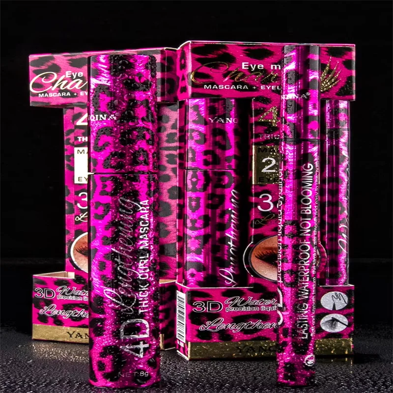 Yanqina Red Leopard Print 4D Thick Curl easy to operate Mascara and quick drying Liquid Eyeliner Pen Set Eye Makeup Tools Kit