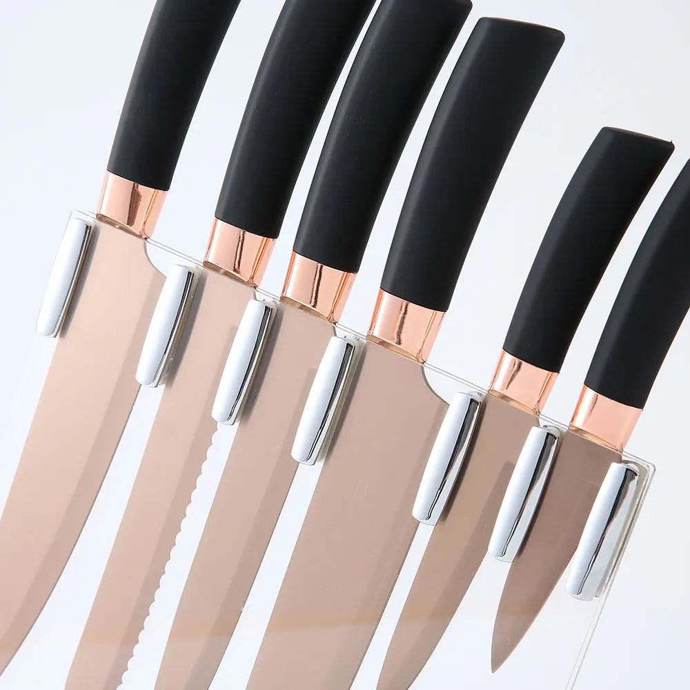 Factory Supply 6-Piece Rose Gold Titanium Coating Forged Knife Set Classic Design with PP Handle Sharp Cutting Kitchen Knife Set