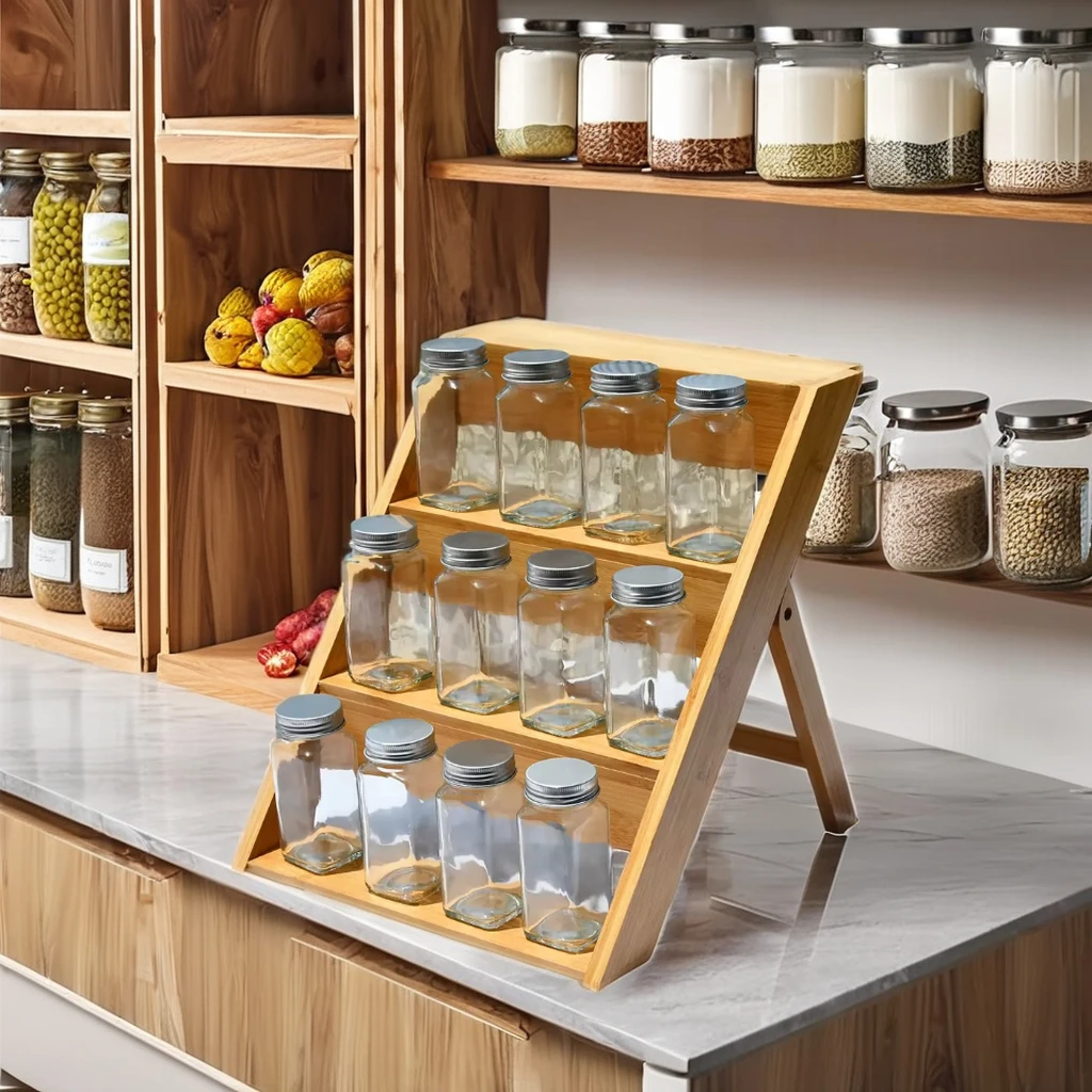 Kitchen Rack Spice Glasses Bottle Holder Bamboo Wooden Waterproof Sustainable Organizer 4-Tier Tray Storage Shelf for Kitchen